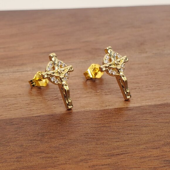 14K Gold Mens 2ct Diamond Cross Stud Earrings Guys 14 K Silver Christian Jewelry - Picture 4 of 4
